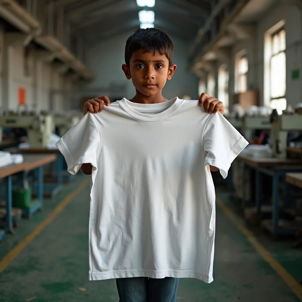 Bild eines Kindes, welches in eine Fabrik arbeitet und ein T-Shirt in der Hand hält