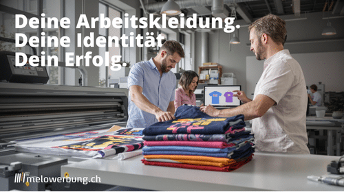 Professionelle Arbeitsumgebung in einer modernen Textildruckerei. Drei Mitarbeiter - zwei Männer in hellen Hemden und eine Frau in rosa - begutachten gemeinsam bedruckte T-Shirts, die in verschiedenen Farben gestapelt auf einem Arbeitstisch liegen. Im Hintergrund ist ein Laptop mit T-Shirt-Designs zu sehen. Der Raum ist hell und industriell gestaltet mit großen Fenstern und sichtbaren Lüftungsrohren. Im Vordergrund ist Teil einer professionellen Druckmaschine erkennbar. Überlagert ist der Text 'Deine Arbeitskleidung. Deine Identität. Dein Erfolg.' sowie das Logo von 'melowerbung.ch'.